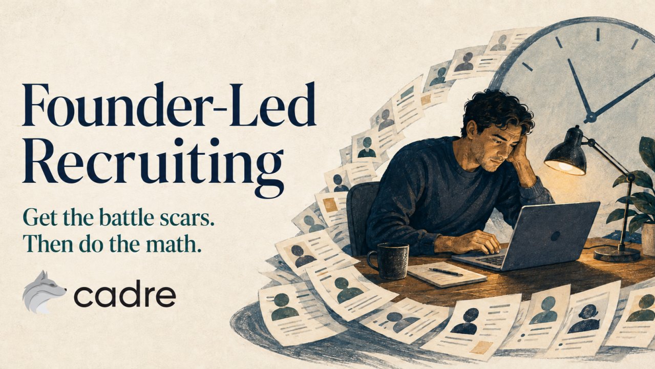 Founder-led recruiting: get the battle scars, then do the math — a founder at a laptop surrounded by a spiral of candidate profiles